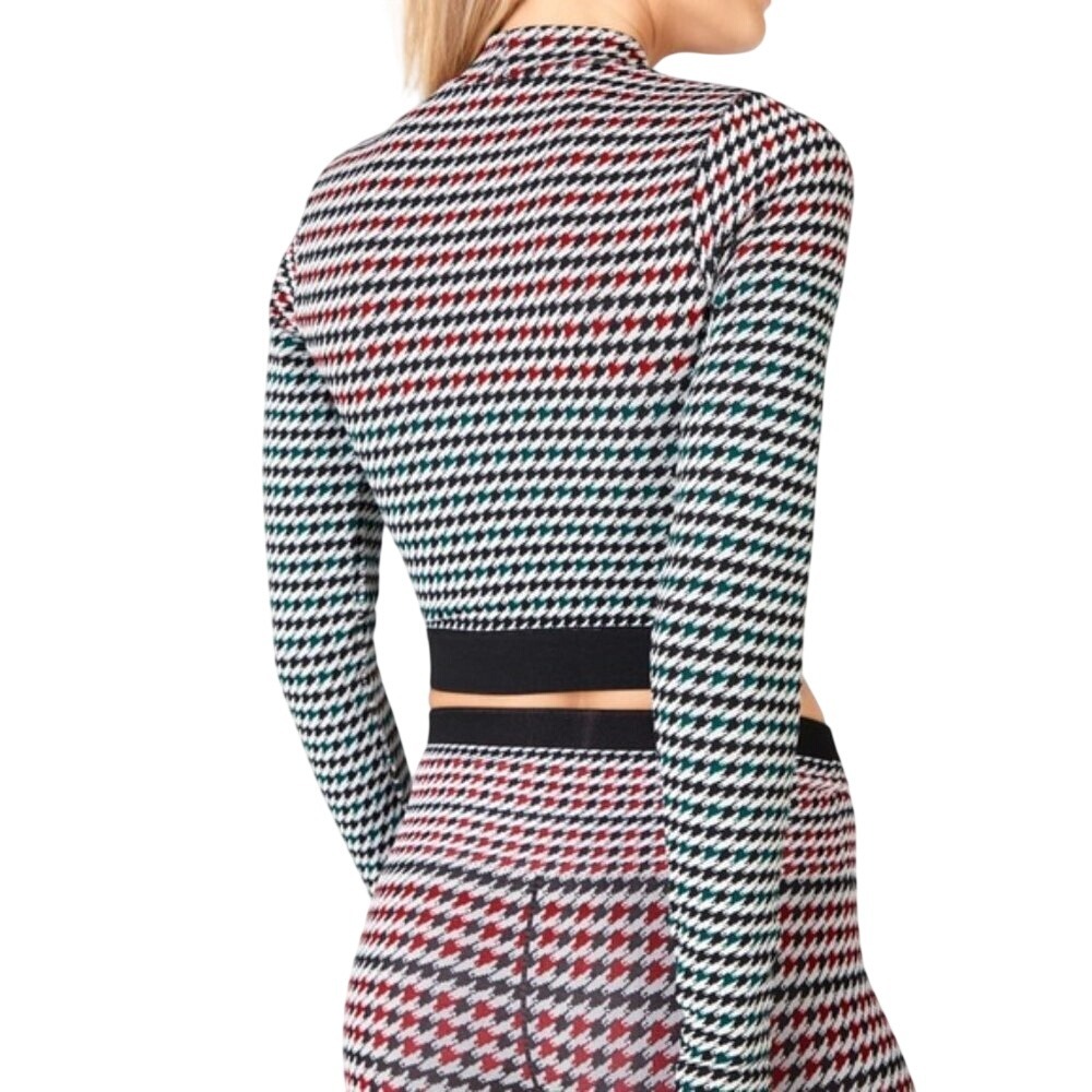 Houndstooth Crop Long Sleeve Athletic Compression Top Athleisure Gym Yoga Large - Picture 2 of 9
